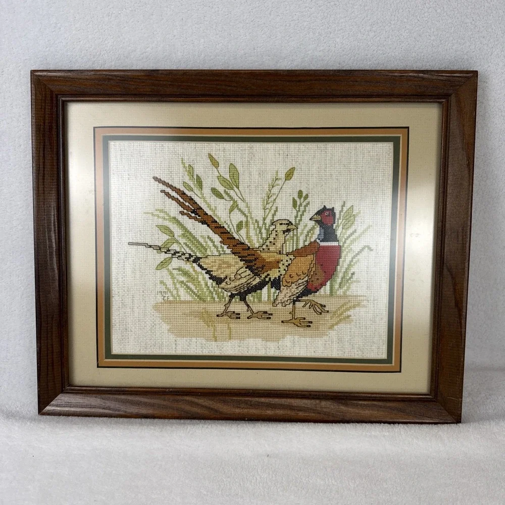 Needlepoint Framed Pheasants Cream Vintage Matte Wood Frame 15.5